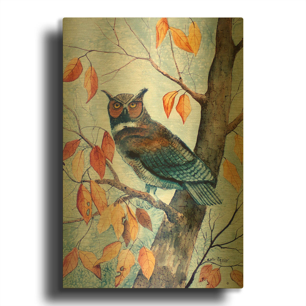 'Owl and Autumn Leaves' By Arie Reinhardt Taylor Gold Metal Wall Art