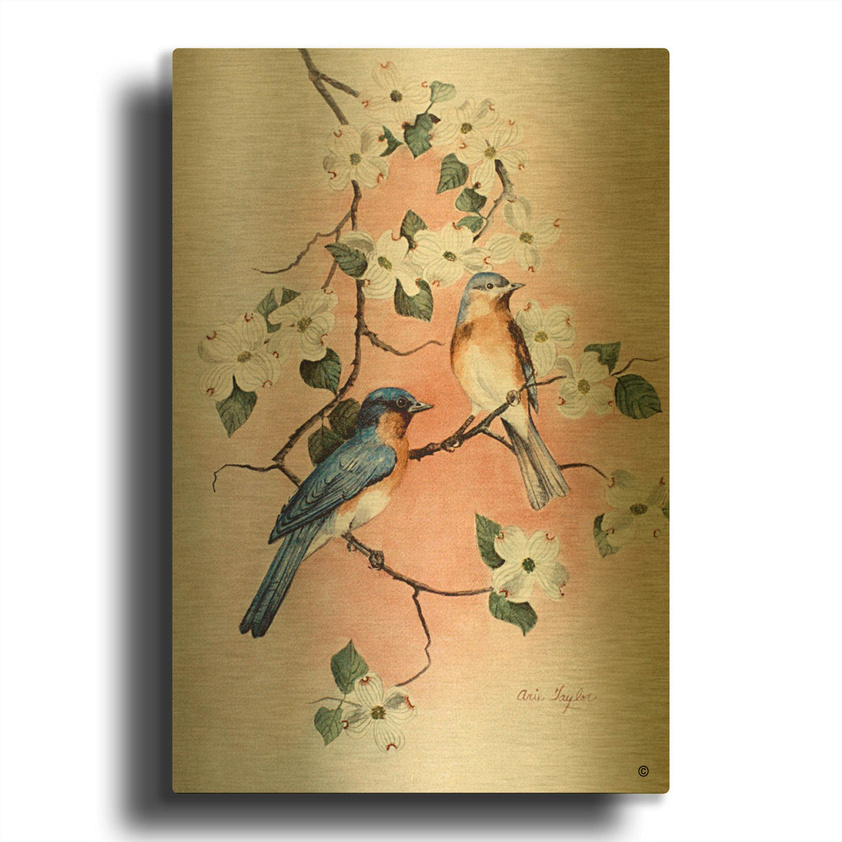 'Bluebirds and Dogwood' By Arie Reinhardt Taylor Gold Metal Wall Art