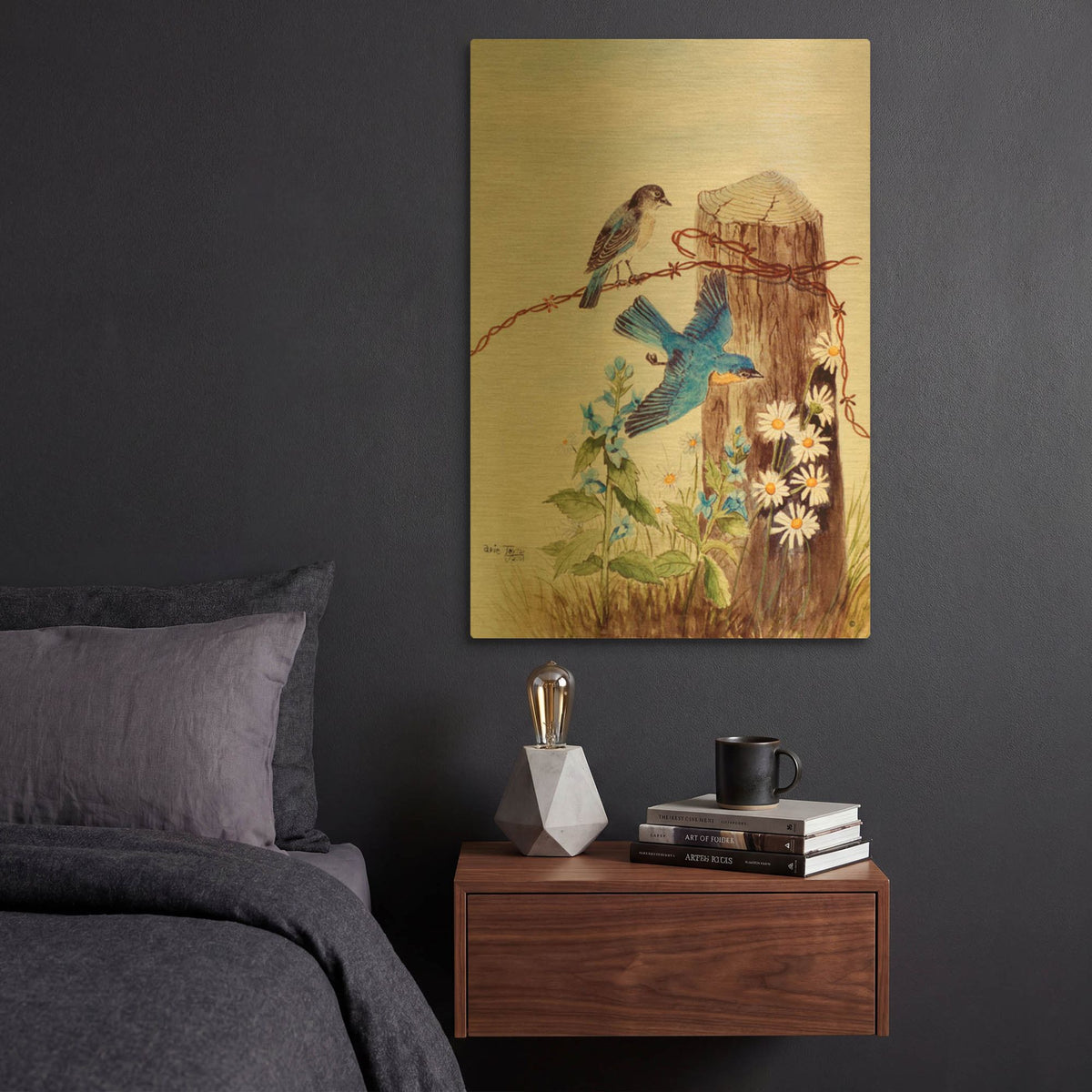 'Bluebirds with Daisies' By Arie Reinhardt Taylor Gold Metal Wall Art