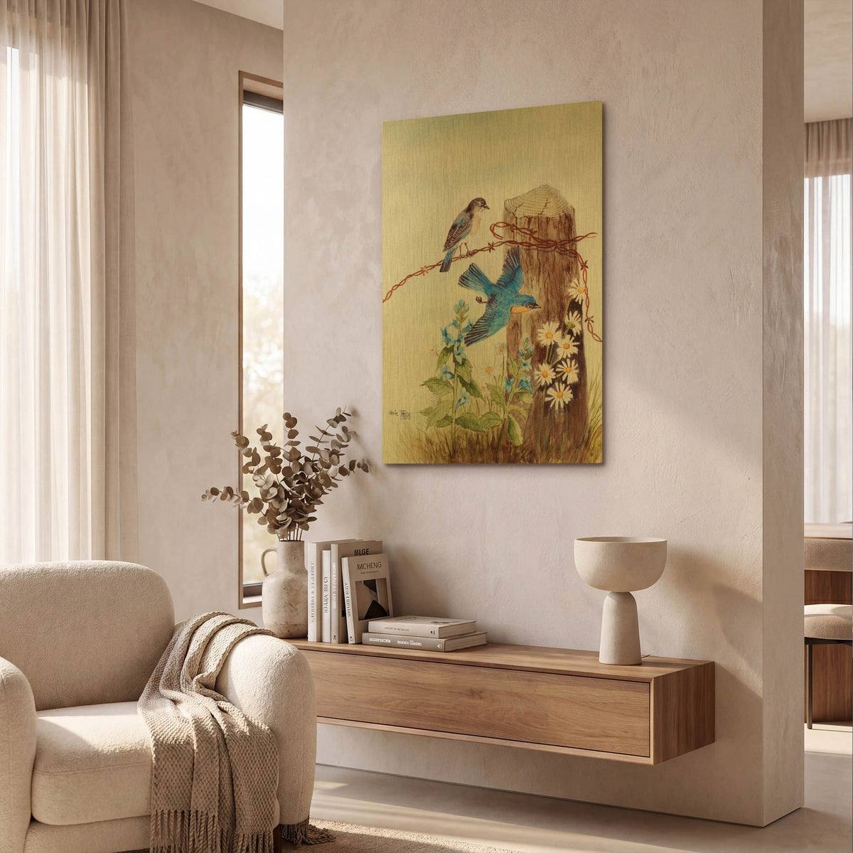 'Bluebirds with Daisies' By Arie Reinhardt Taylor Gold Metal Wall Art