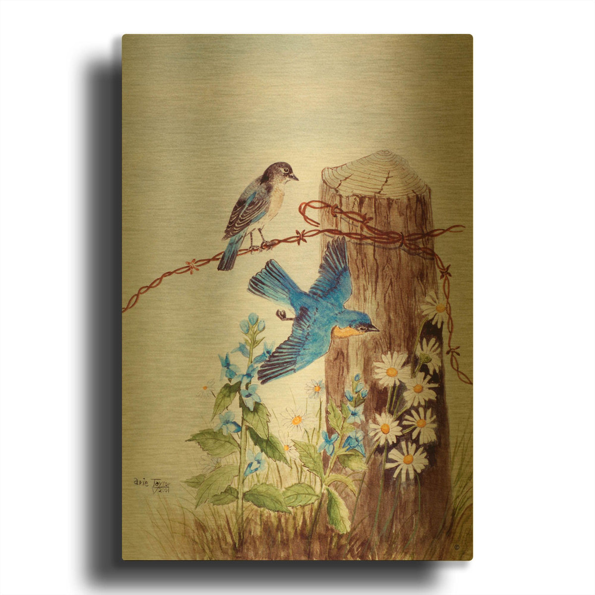 'Bluebirds with Daisies' By Arie Reinhardt Taylor Gold Metal Wall Art