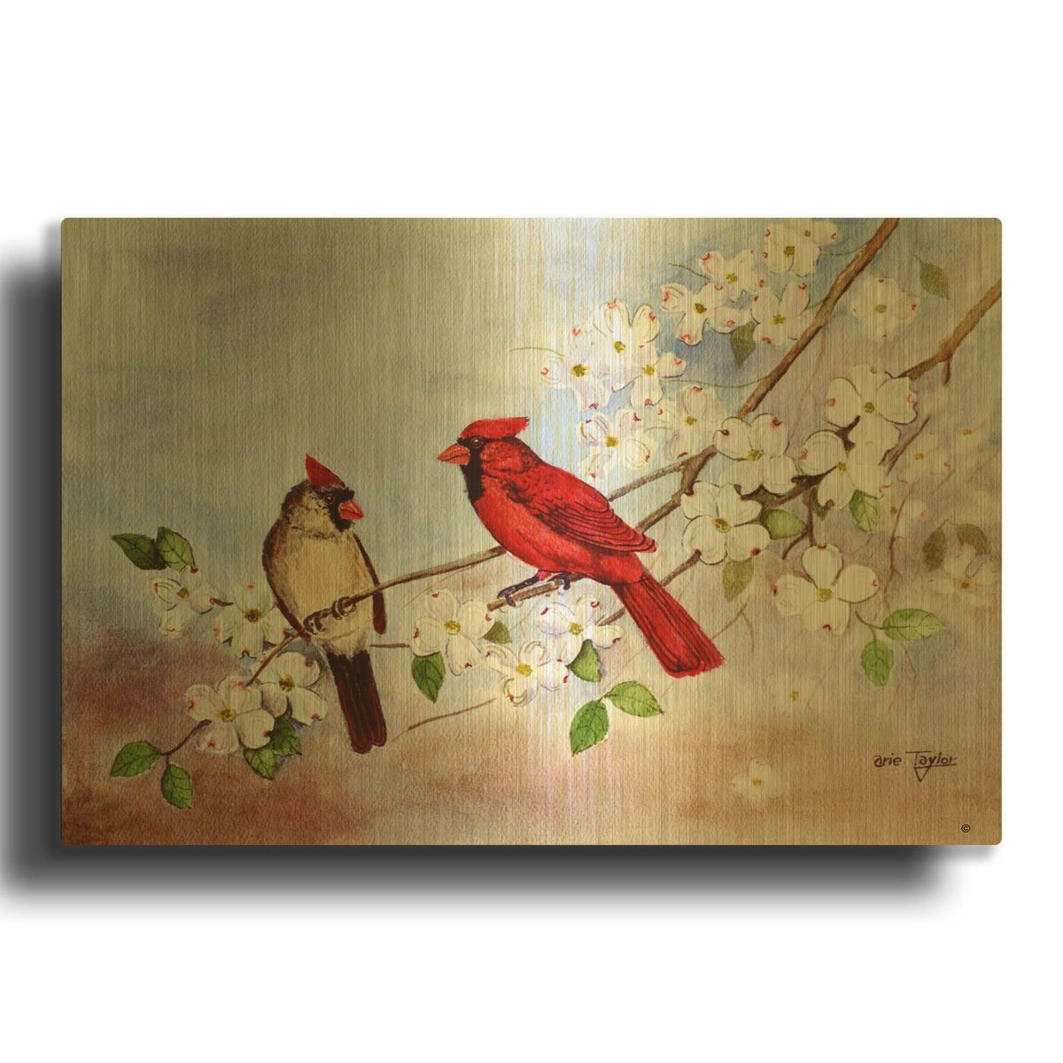 'Cardinals and Dogwood' By Arie Reinhardt Taylor Gold Metal Wall Art