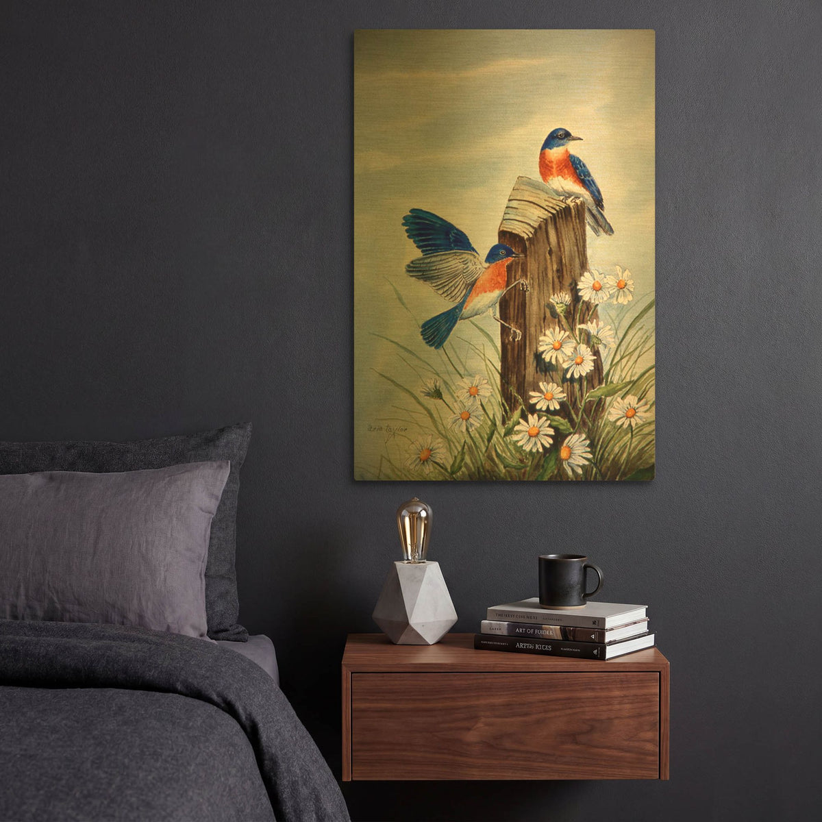 'Bluebirds With Daisies 2' By Arie Reinhardt Taylor Gold Metal Wall Art