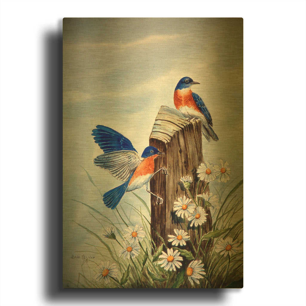 'Bluebirds With Daisies 2' By Arie Reinhardt Taylor Gold Metal Wall Art