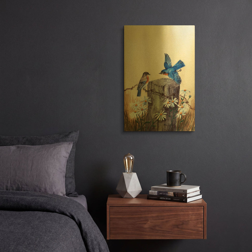 'Bluebirds With Daisies 3' By Arie Reinhardt Taylor Gold Metal Wall Art