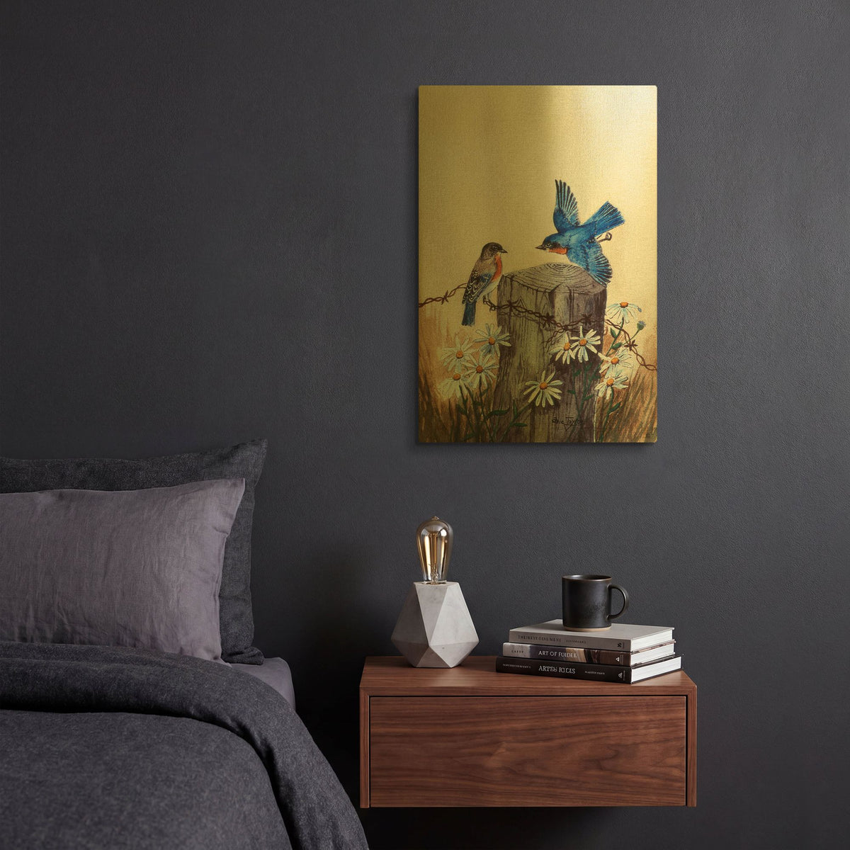 'Bluebirds With Daisies 3' By Arie Reinhardt Taylor Gold Metal Wall Art