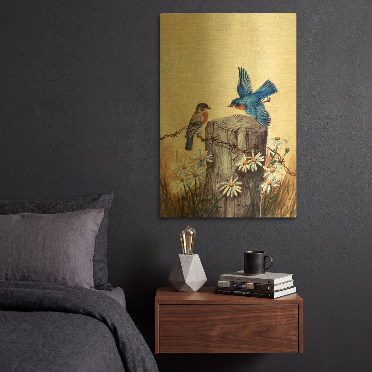 'Bluebirds With Daisies 3' By Arie Reinhardt Taylor Gold Metal Wall Art
