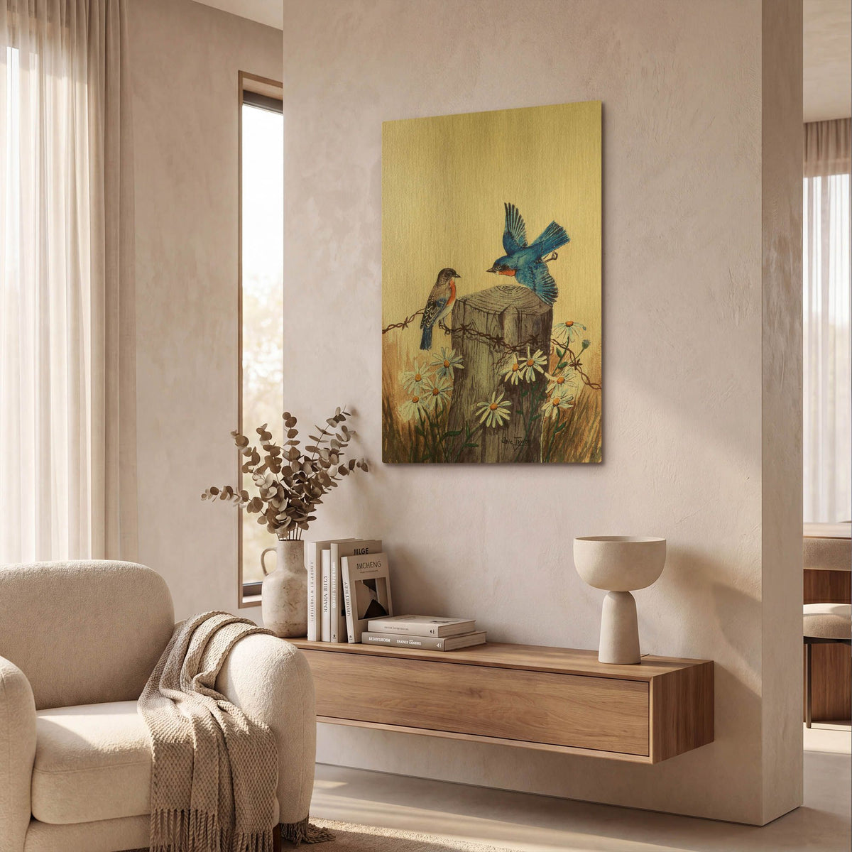 'Bluebirds With Daisies 3' By Arie Reinhardt Taylor Gold Metal Wall Art