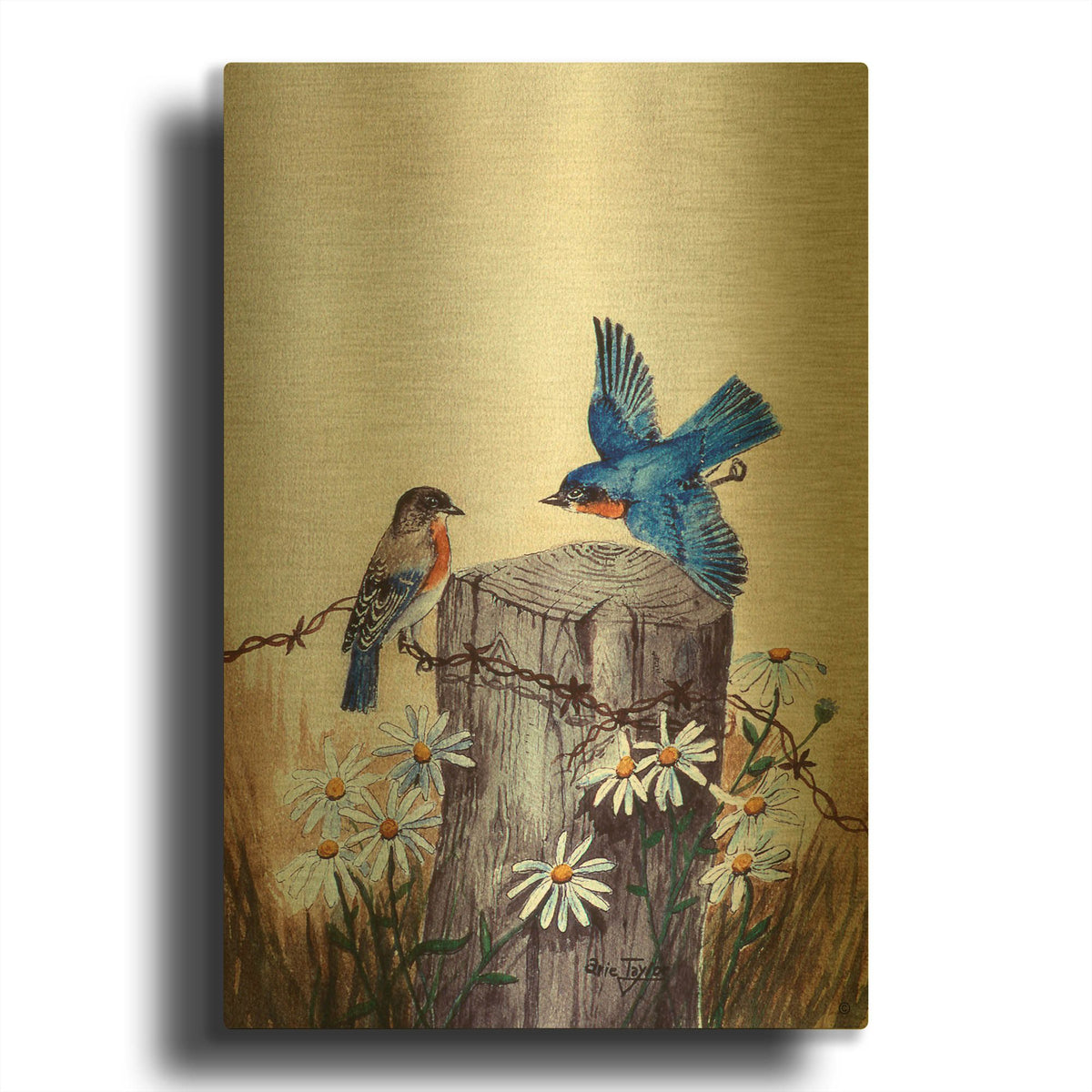 'Bluebirds With Daisies 3' By Arie Reinhardt Taylor Gold Metal Wall Art