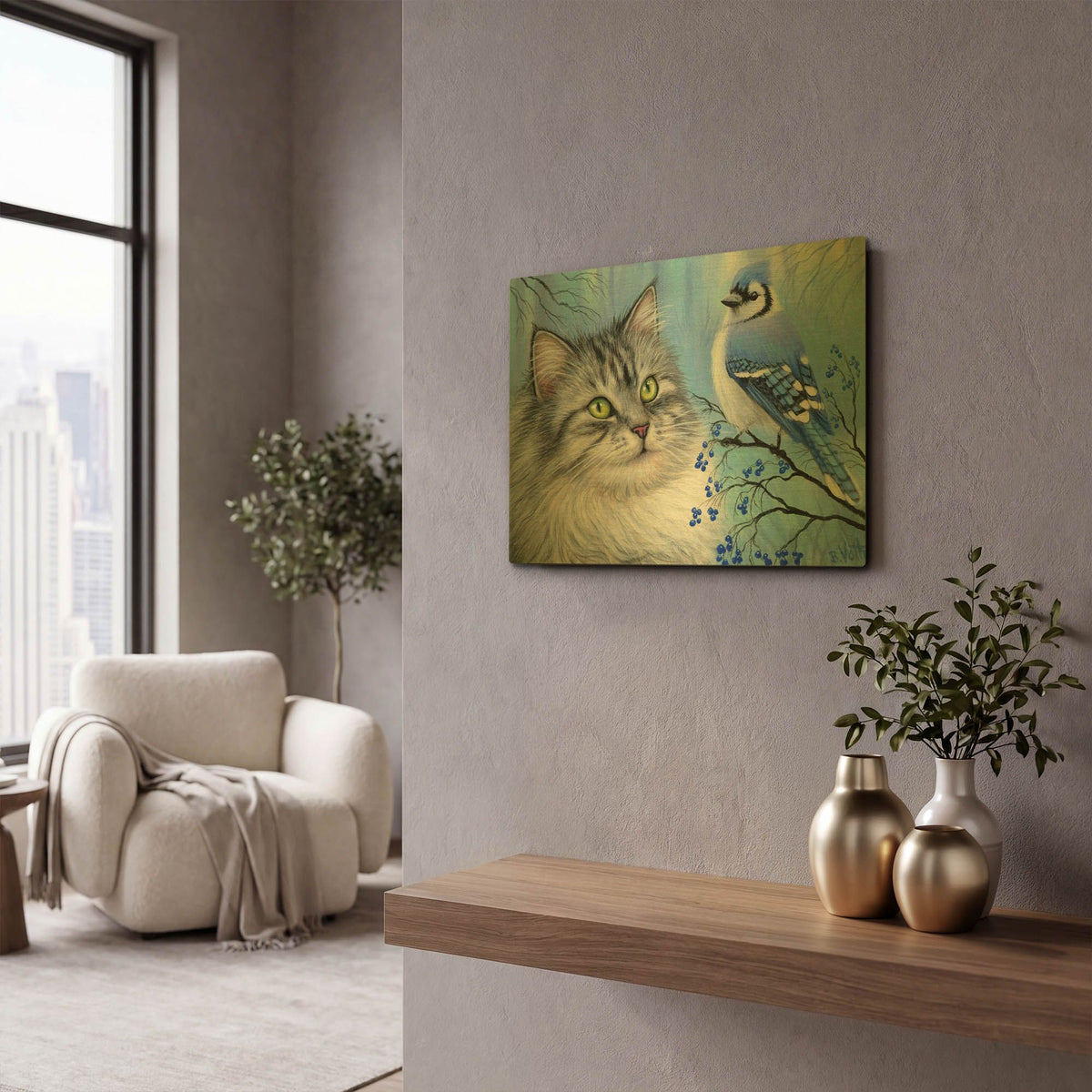 'Blue Winter Friend3' By Bridget Voth Gold Metal Wall Art