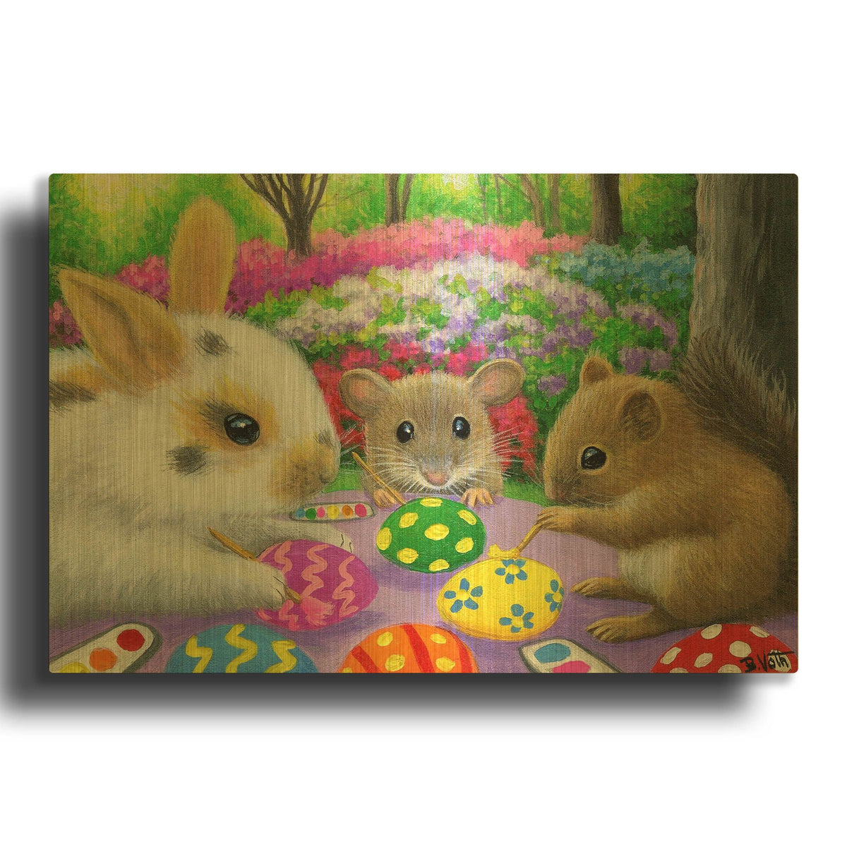 'Decorating The Eggs' By Bridget Voth Gold Metal Wall Art