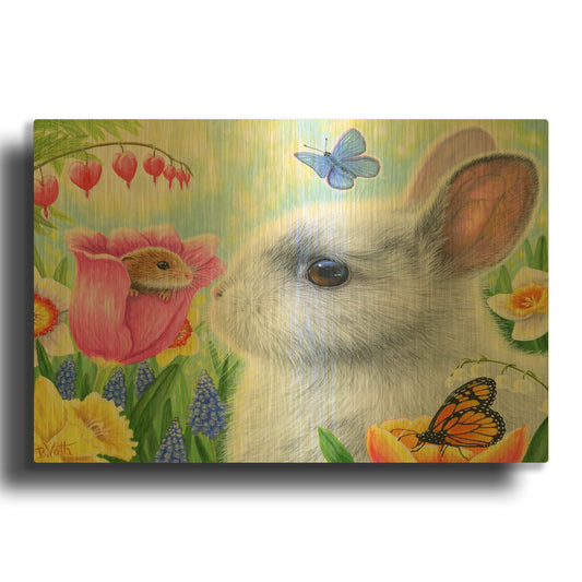 'Little Friend in the Tulips' By Bridget Voth Gold Metal Wall Art