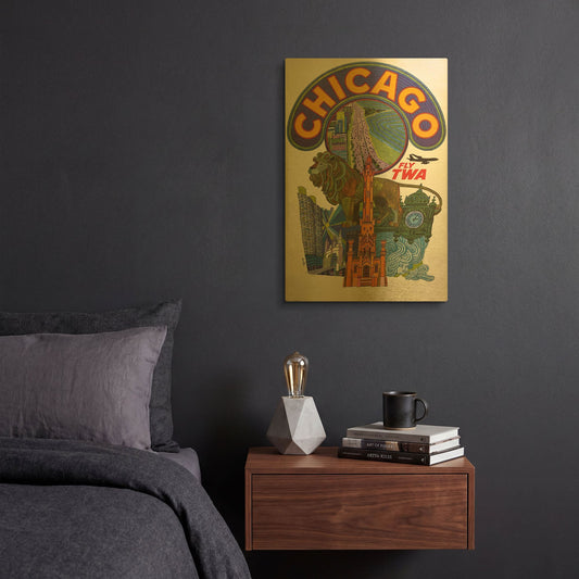 'David Klein Fly TWA Chicago 1960' By Vintage Posters Gold Metal Wall Art