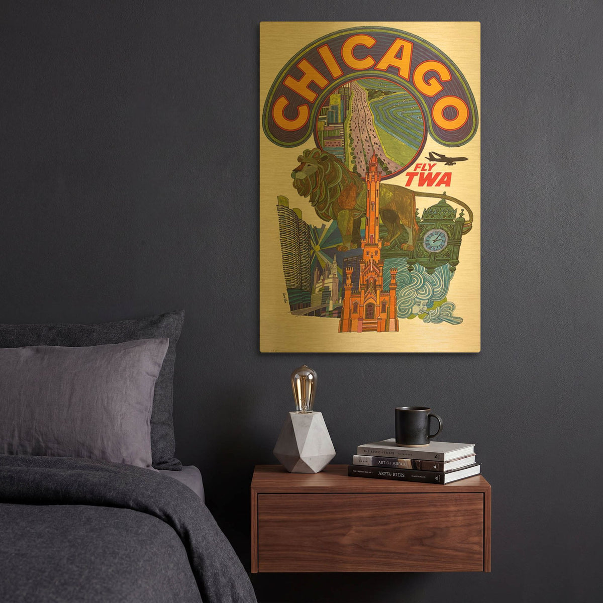 'David Klein Fly TWA Chicago 1960' By Vintage Posters Gold Metal Wall Art