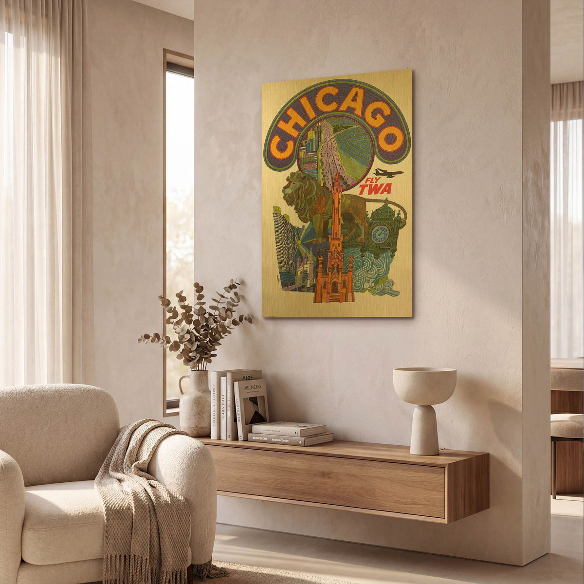 'David Klein Fly TWA Chicago 1960' By Vintage Posters Gold Metal Wall Art