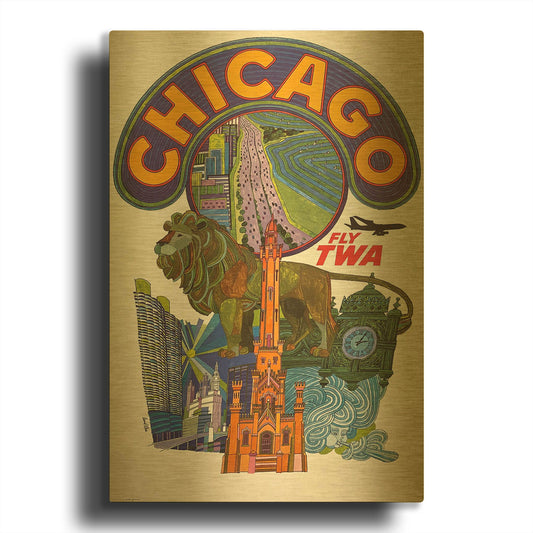 'David Klein Fly TWA Chicago 1960' By Vintage Posters Gold Metal Wall Art