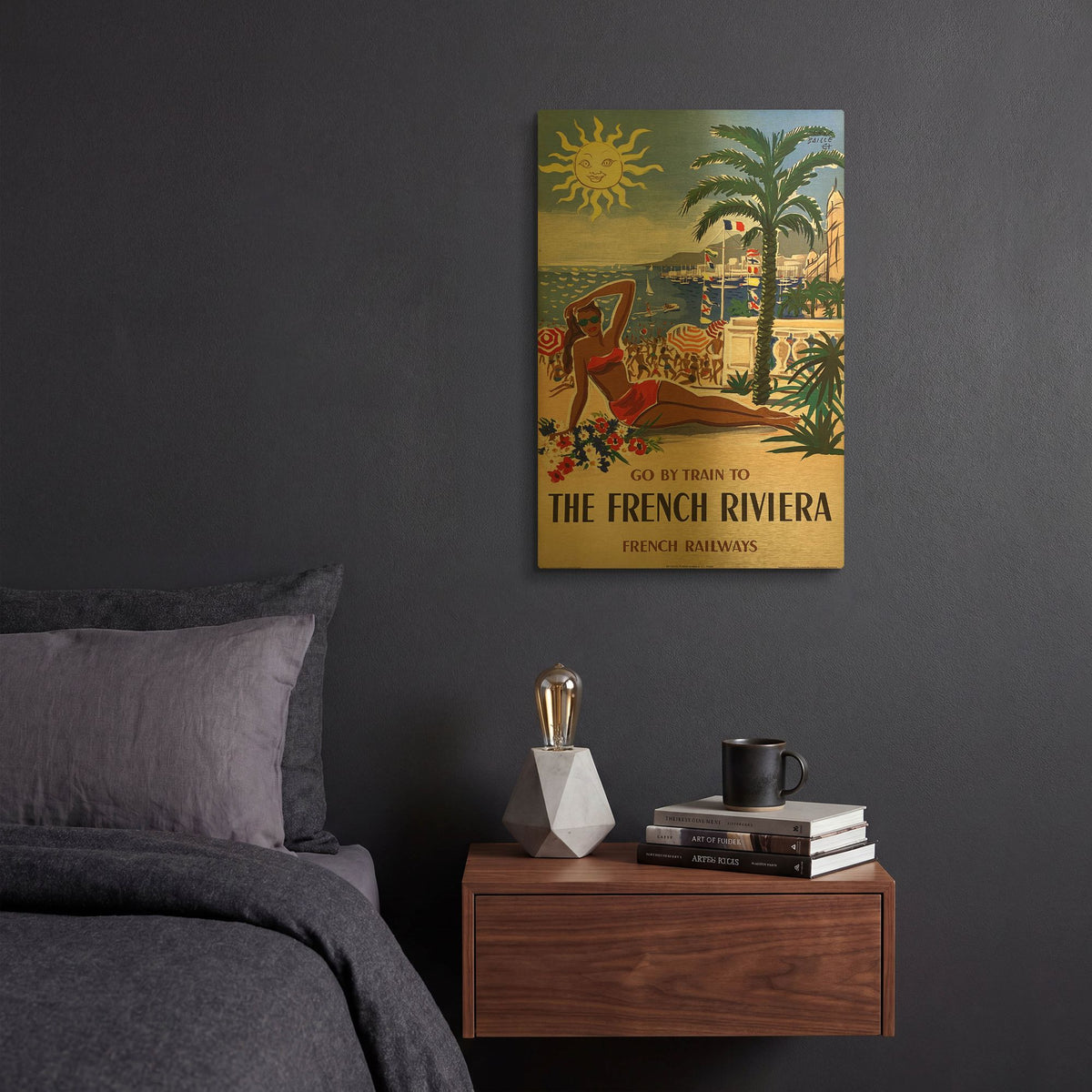 'Go By Train To The French Riviera 1955 By Herve Baille SNCF' By Vintage Posters Gold Metal Wall Art