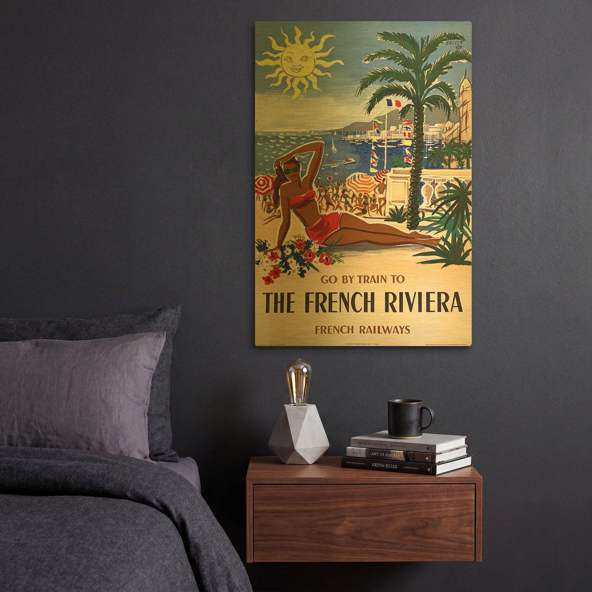 'Go By Train To The French Riviera 1955 By Herve Baille SNCF' By Vintage Posters Gold Metal Wall Art