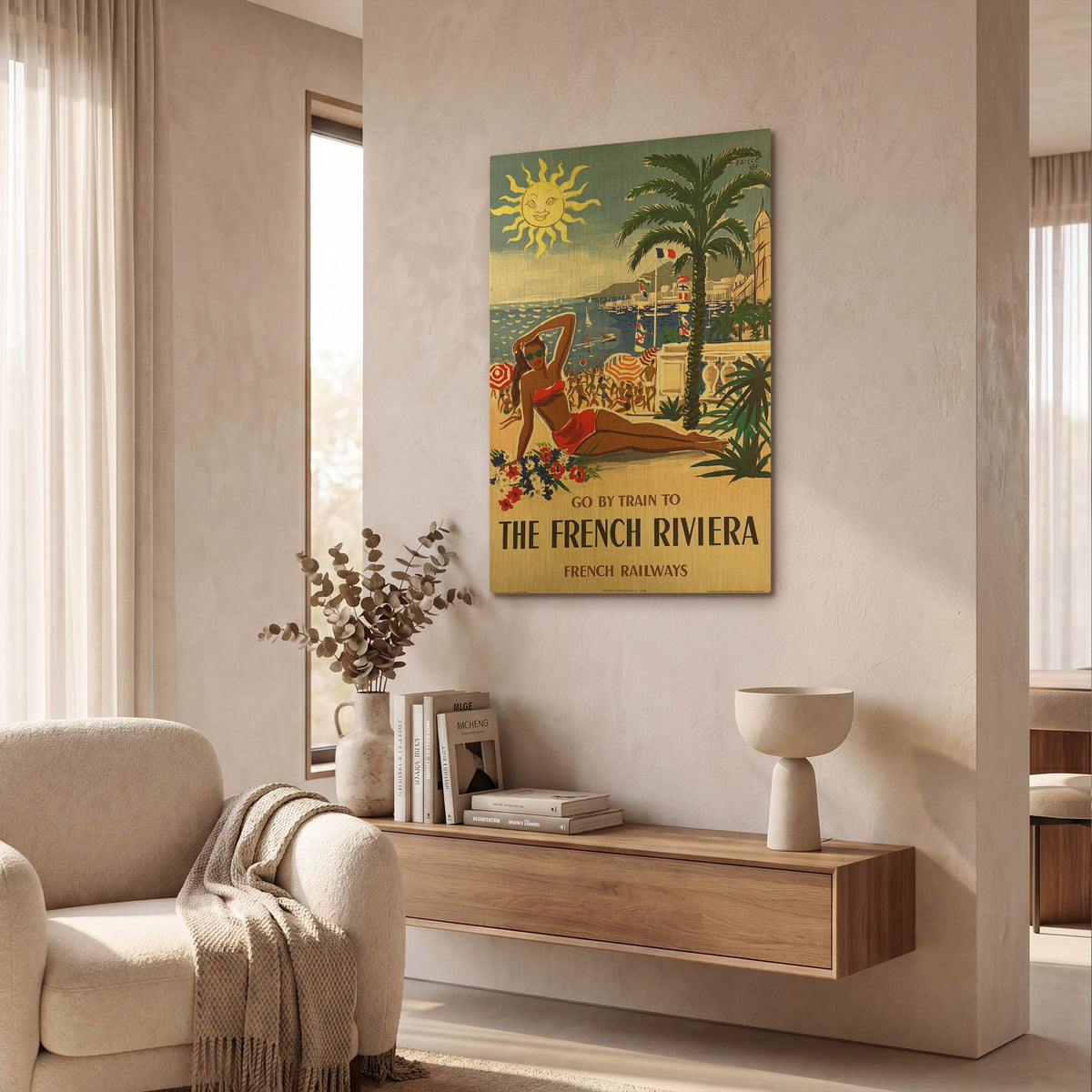 'Go By Train To The French Riviera 1955 By Herve Baille SNCF' By Vintage Posters Gold Metal Wall Art