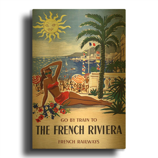 'Go By Train To The French Riviera 1955 By Herve Baille SNCF' By Vintage Posters Gold Metal Wall Art
