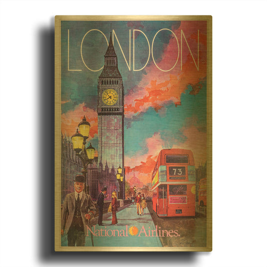 'National Airlines 1965 Bill Simon - London' By Vintage Posters Gold Metal Wall Art
