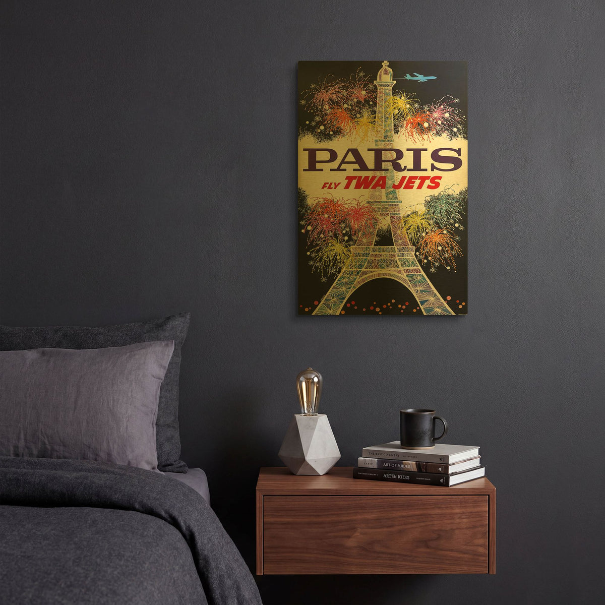 'Fly TWA Paris Eiffel Tower 1960 David Klein' By Vintage Posters Gold Metal Wall Art