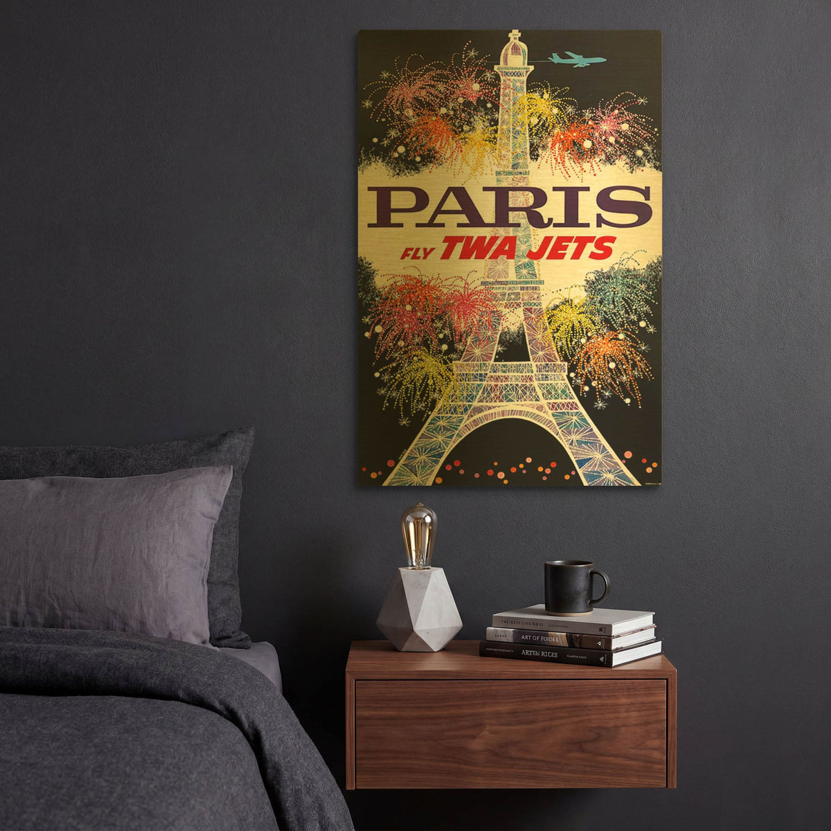 'Fly TWA Paris Eiffel Tower 1960 David Klein' By Vintage Posters Gold Metal Wall Art