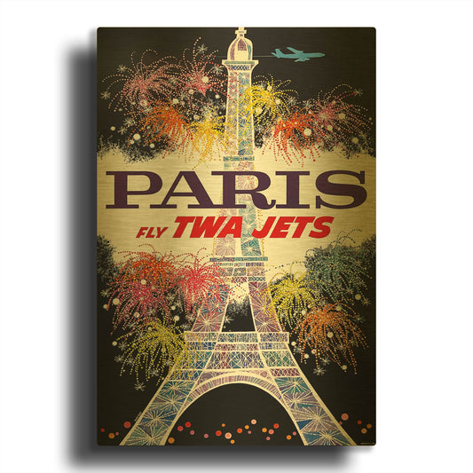 'Fly TWA Paris Eiffel Tower 1960 David Klein' By Vintage Posters Gold Metal Wall Art