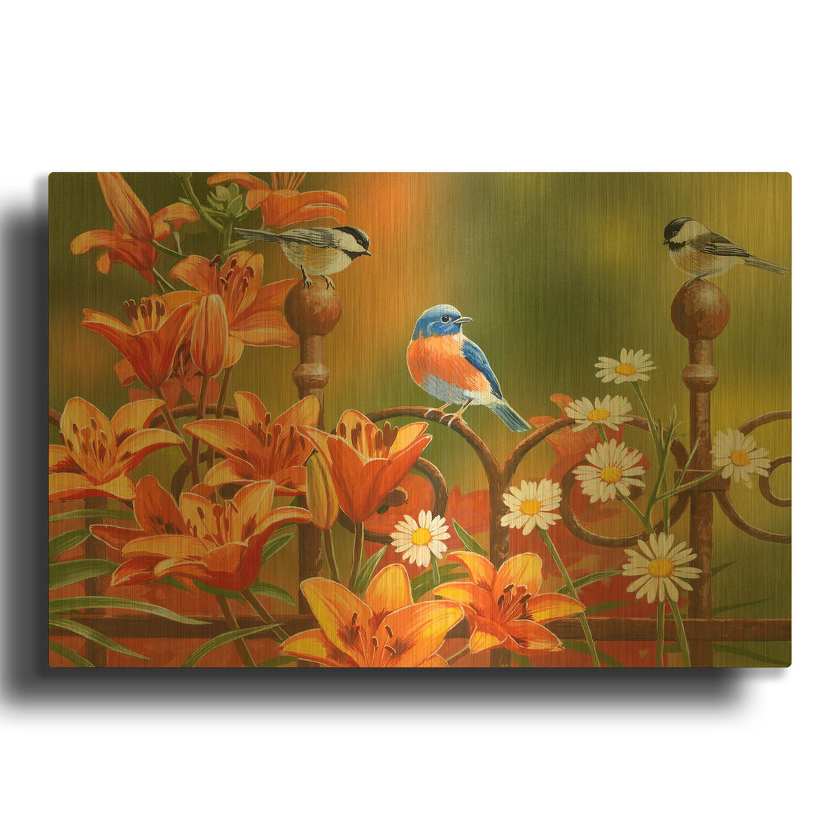'Rusty Fence and Lilies' By William Vanderdasson Gold Metal Wall Art
