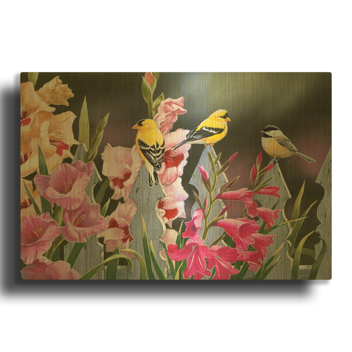 'Feathered Friends and Gladiolus' By William Vanderdasson Gold Metal Wall Art