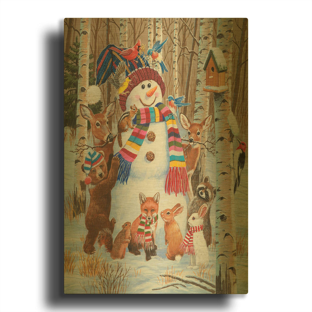 'Forest Animals Decorating Snowman' By William Vanderdasson Gold Metal Wall Art