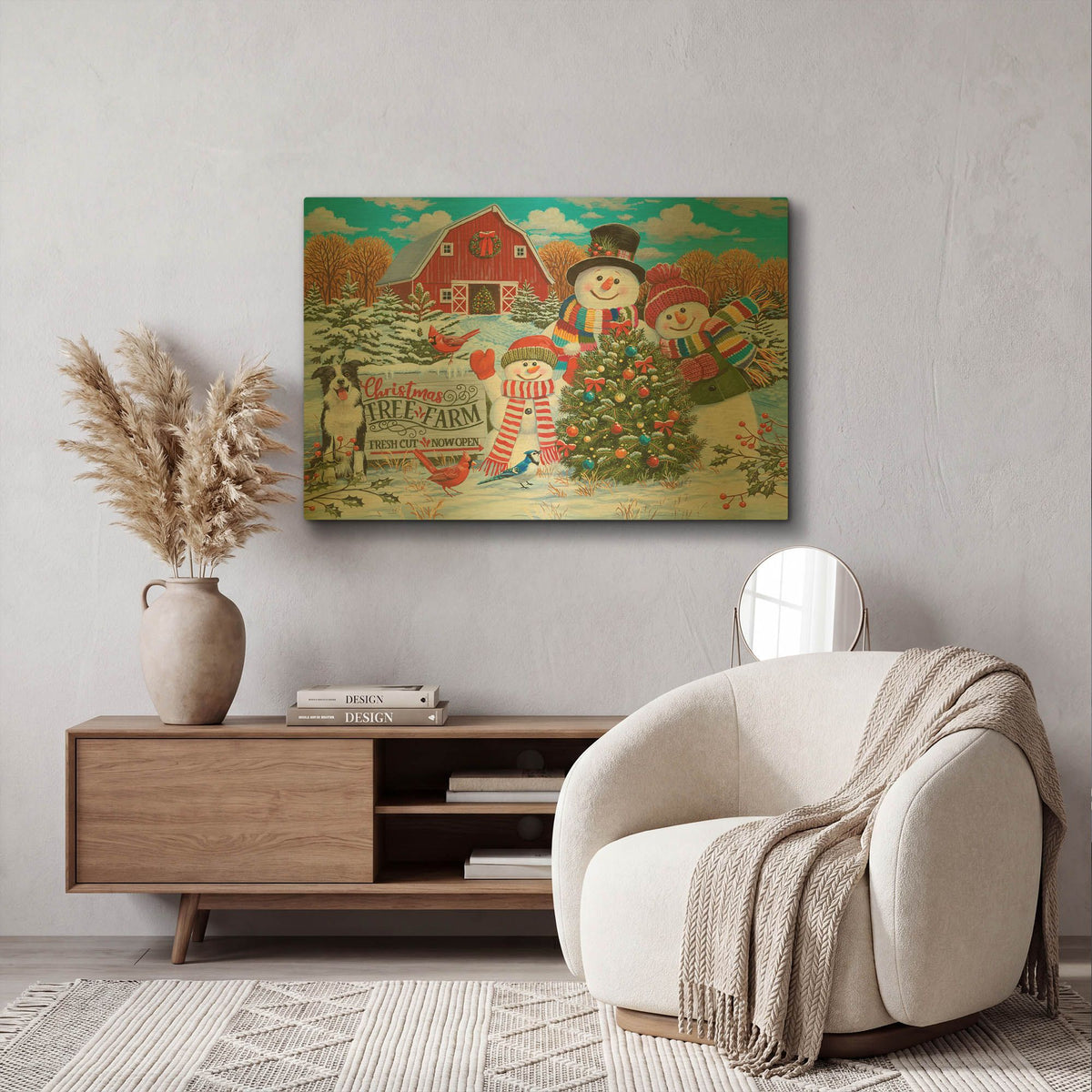'Tree Farm with Snow Family Greeters' By William Vanderdasson Gold Metal Wall Art