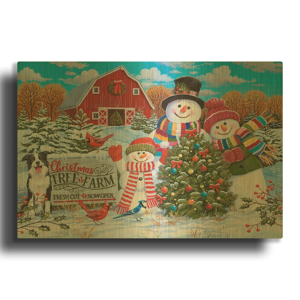 'Tree Farm with Snow Family Greeters' By William Vanderdasson Gold Metal Wall Art