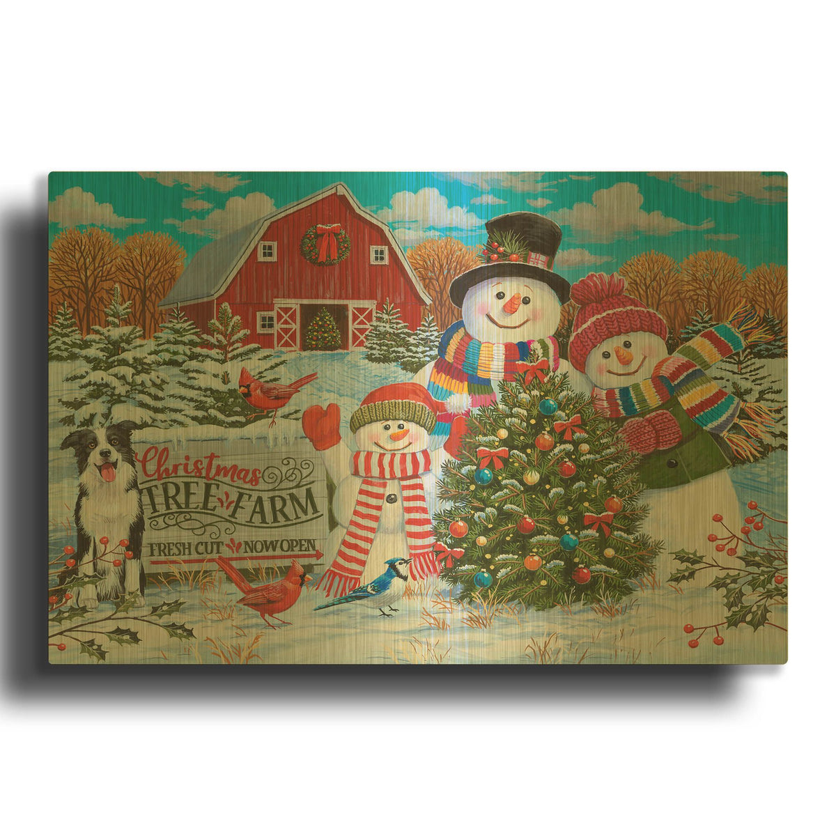 'Tree Farm with Snow Family Greeters' By William Vanderdasson Gold Metal Wall Art