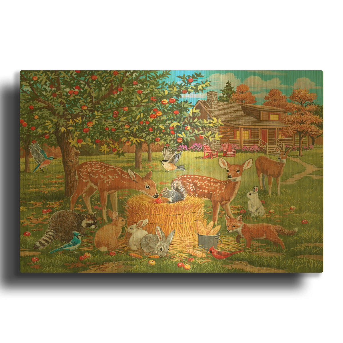 'Fall Cabin Scene with Apple Trees and Forest Animals' By William Vanderdasson Gold Metal Wall Art