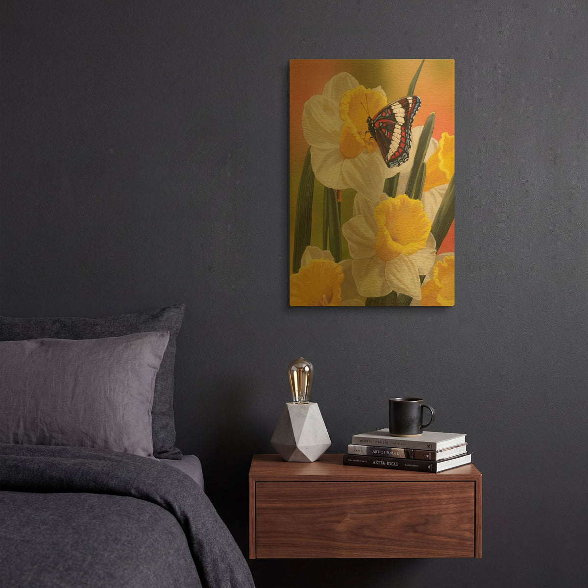 'Daffodils & Butterfly' By William Vanderdasson Gold Metal Wall Art