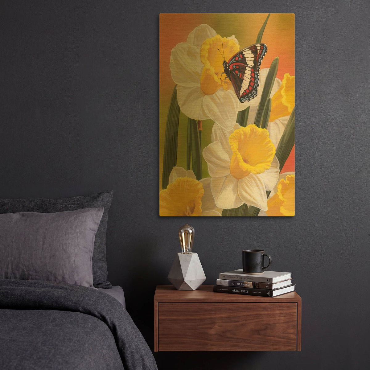 'Daffodils & Butterfly' By William Vanderdasson Gold Metal Wall Art