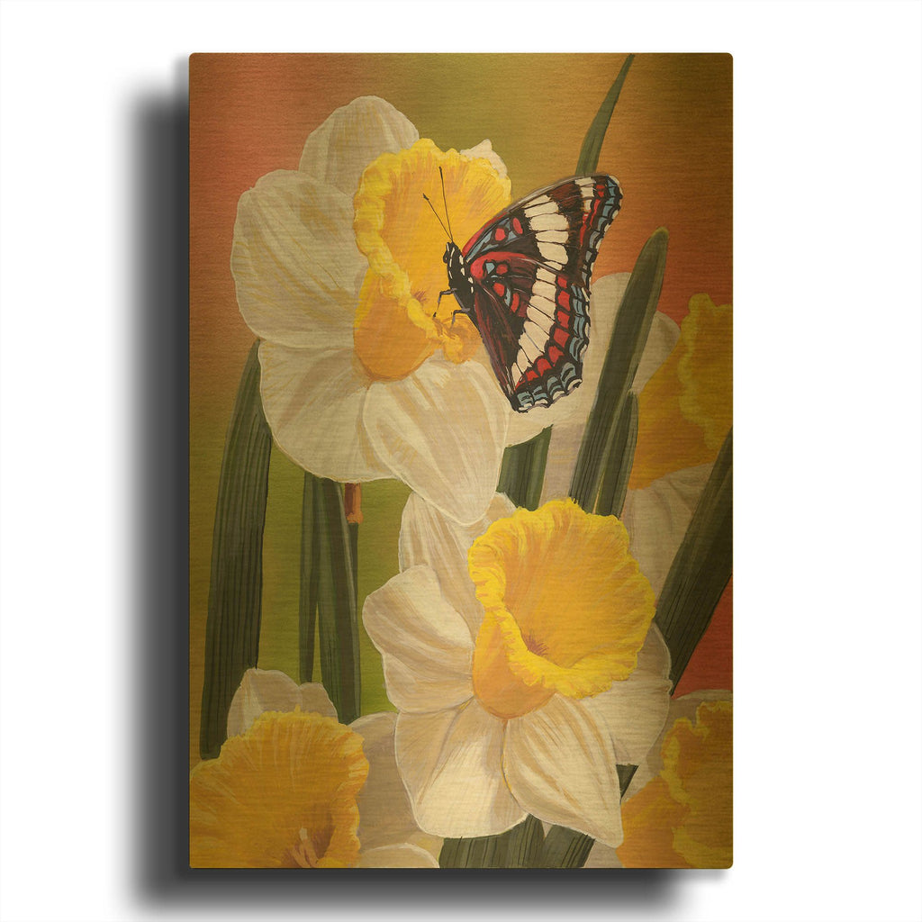 'Daffodils & Butterfly' By William Vanderdasson Gold Metal Wall Art