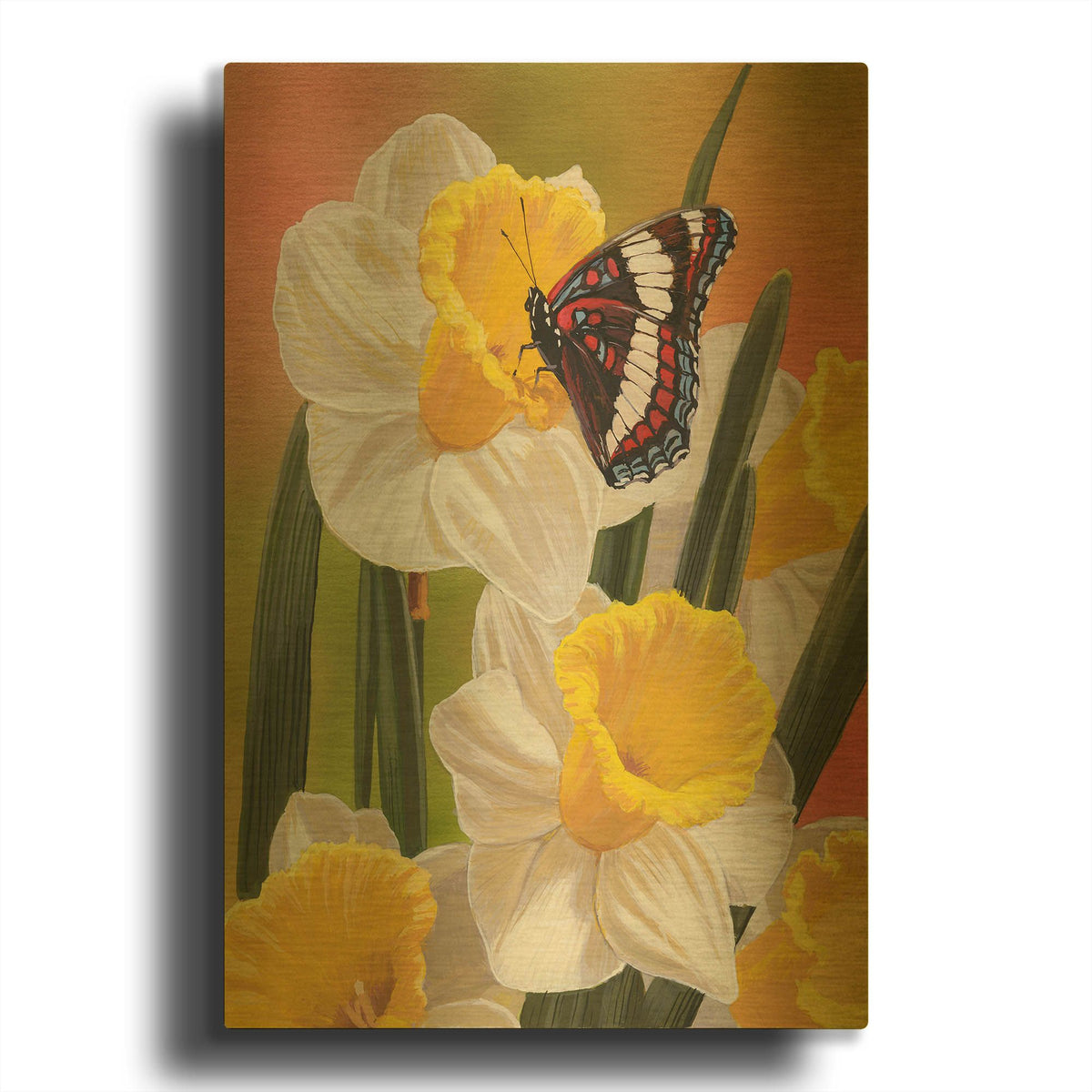 'Daffodils & Butterfly' By William Vanderdasson Gold Metal Wall Art