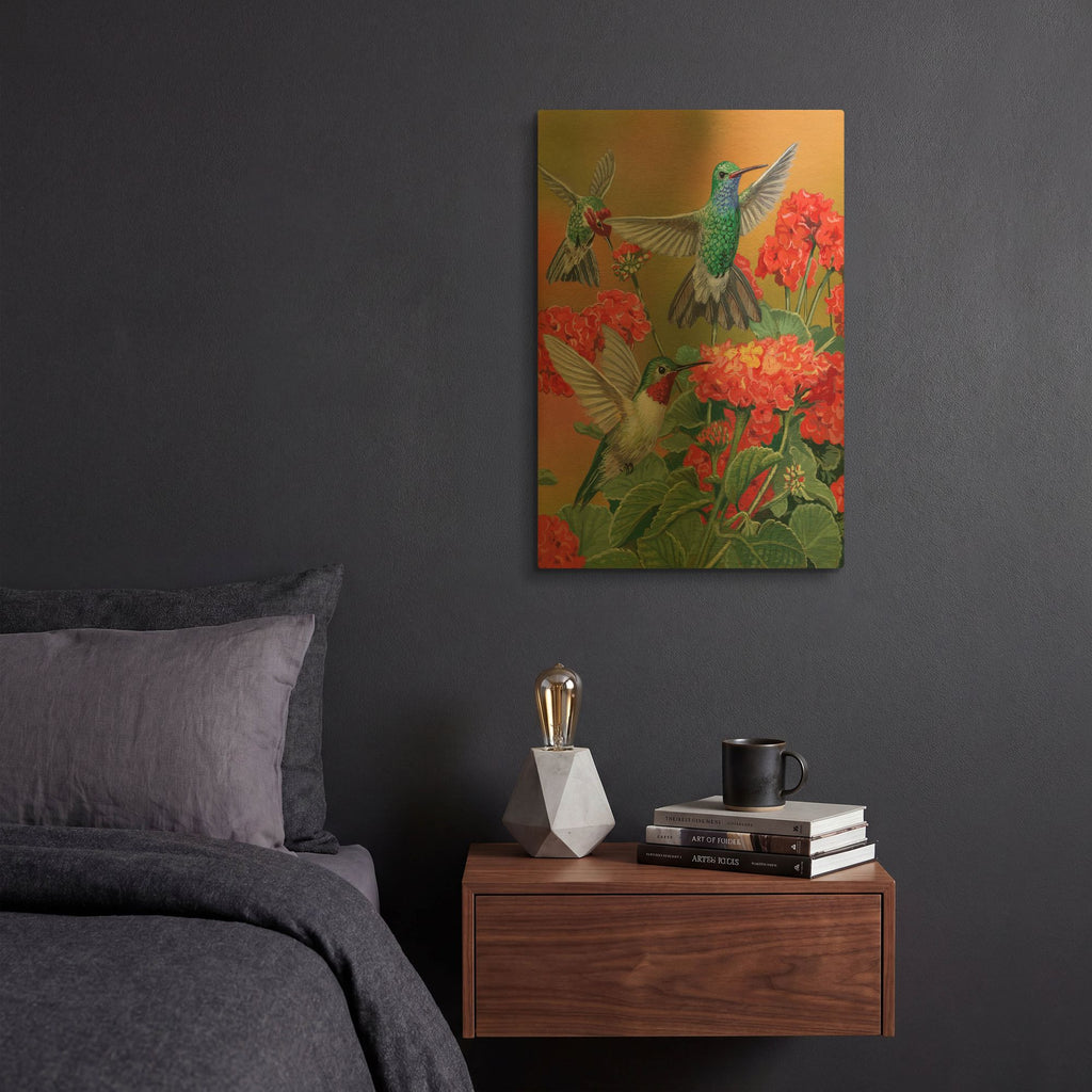 'Hummingbirds & Flowers' By William Vanderdasson Gold Metal Wall Art