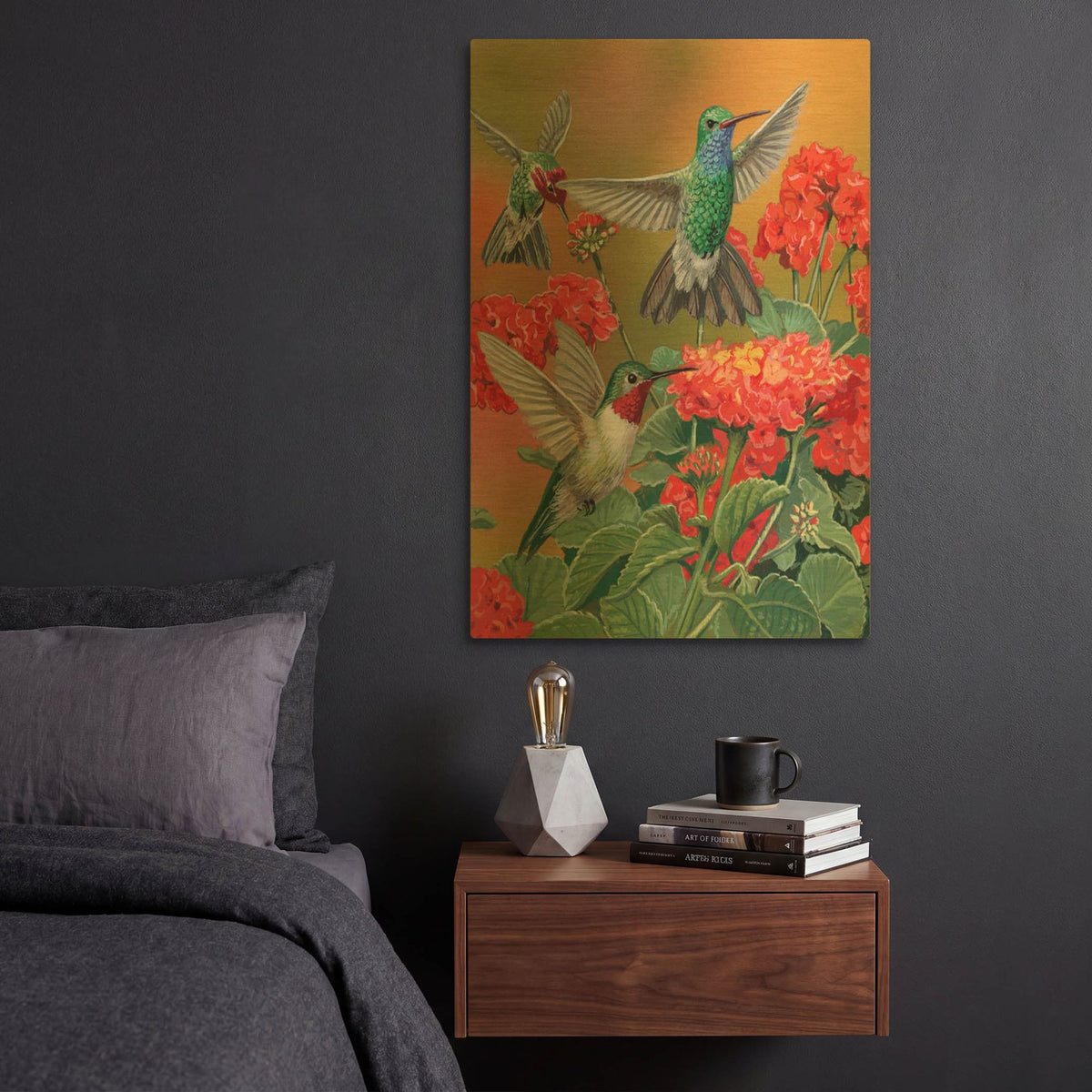 'Hummingbirds & Flowers' By William Vanderdasson Gold Metal Wall Art