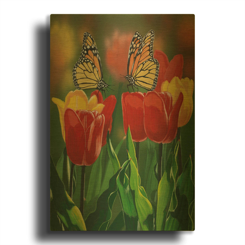 'Monarchs And Tulips' By William Vanderdasson Gold Metal Wall Art