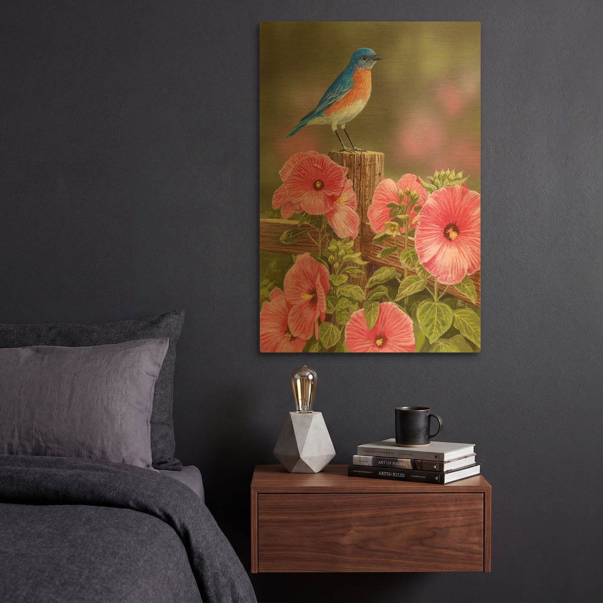 'Bluebird With Hibiscus' By William Vanderdasson Gold Metal Wall Art