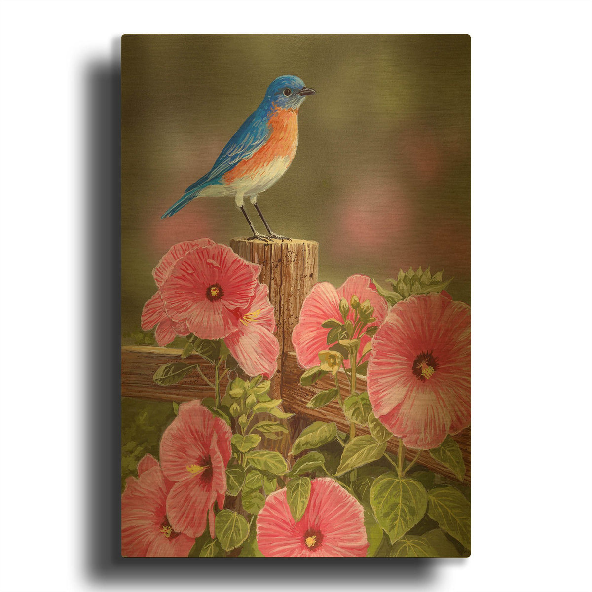 'Bluebird With Hibiscus' By William Vanderdasson Gold Metal Wall Art