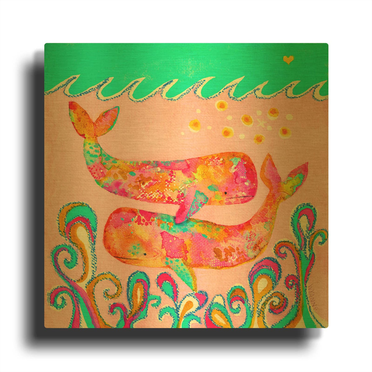 'Pink Whales' By Wyanne Gold Metal Wall Art