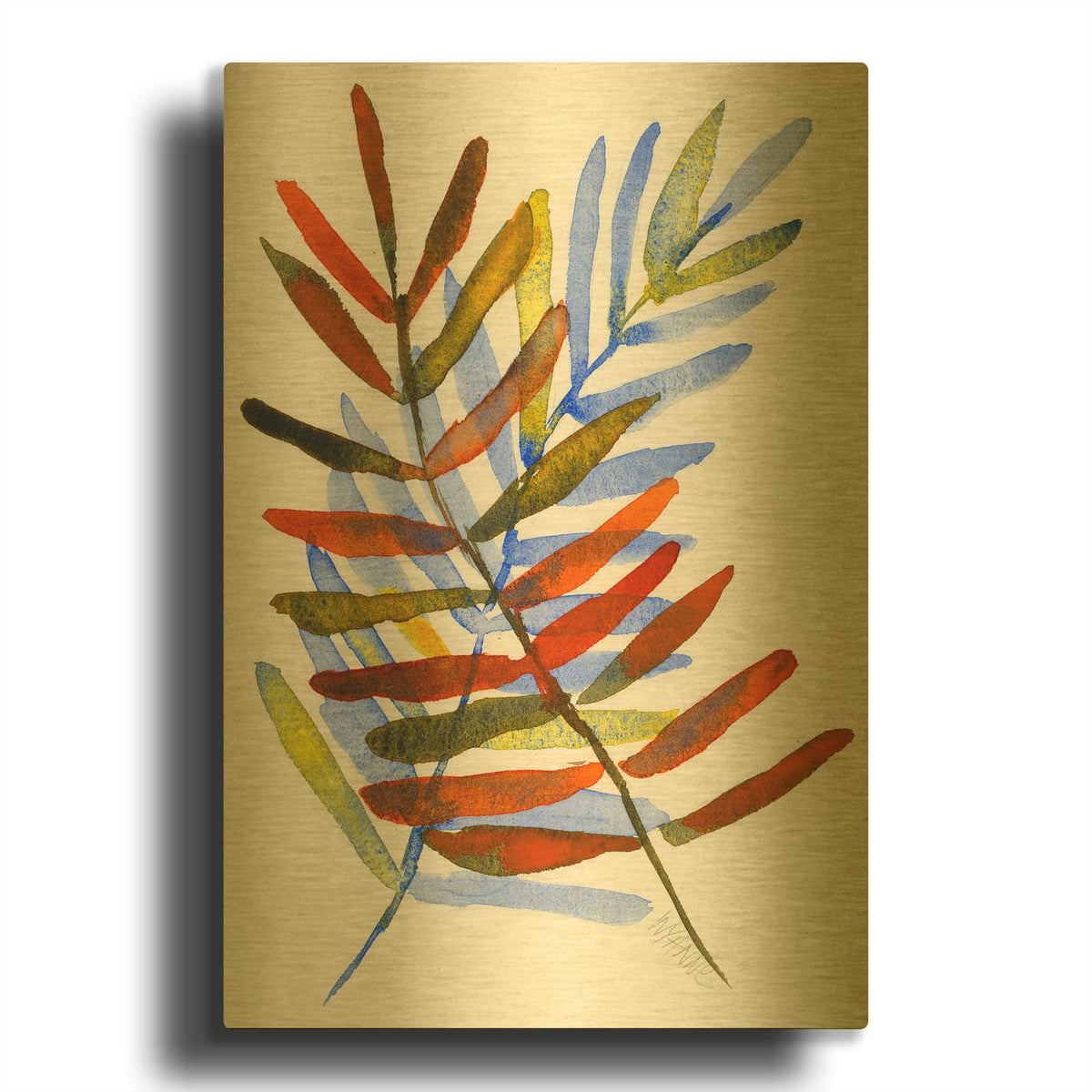 'Blue and Orange Leaves' By Wyanne Gold Metal Wall Art