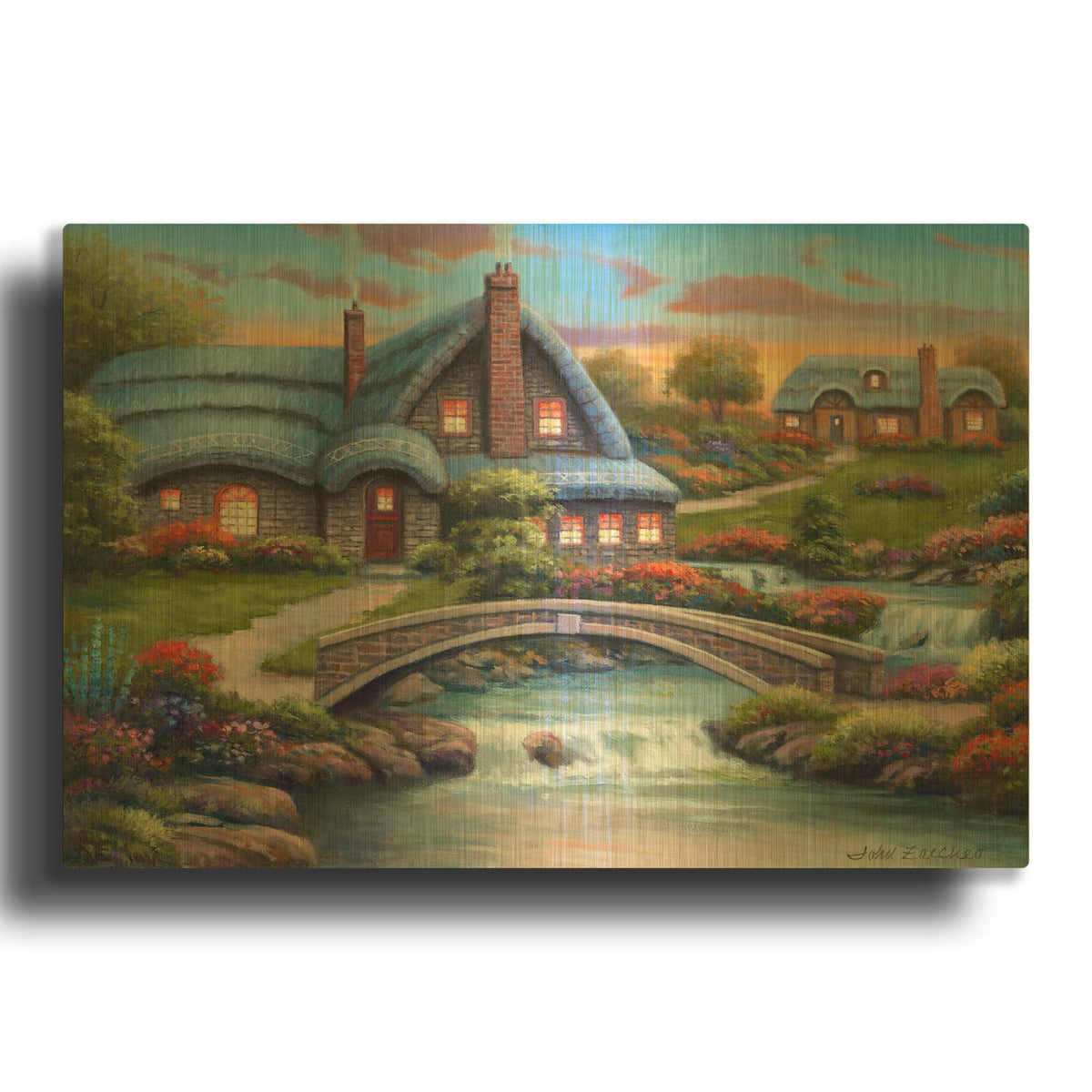 'Stone Bridge Cottages' By John Zaccheo Gold Metal Wall Art