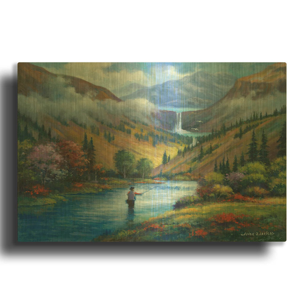 'Vista View of a Fly Fisherman' By John Zaccheo Gold Metal Wall Art