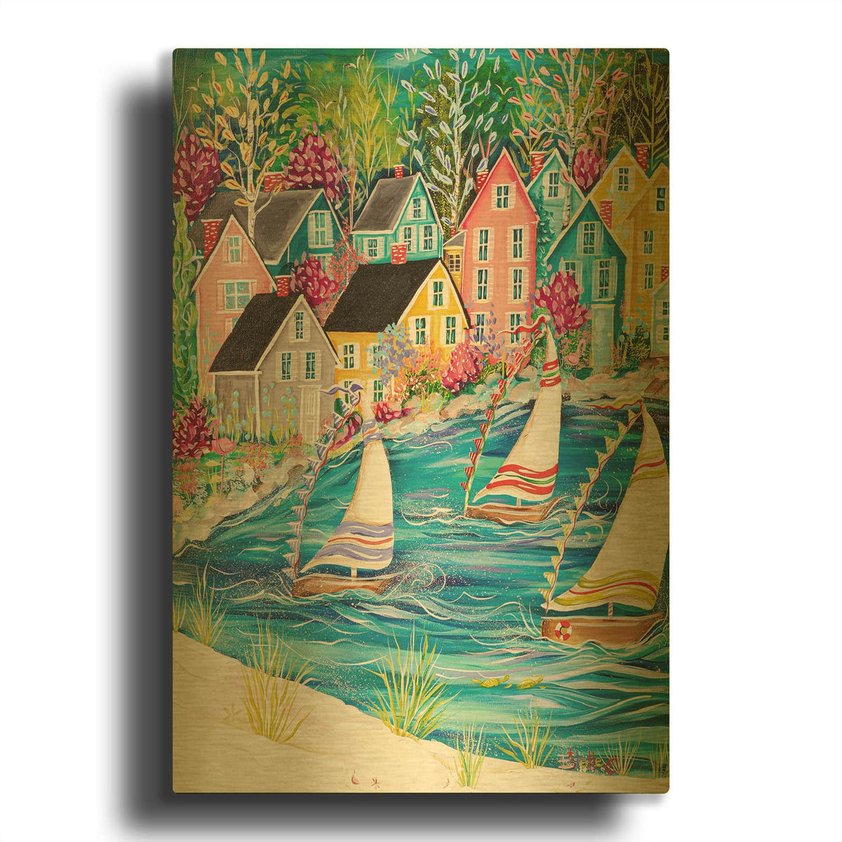 'Coastal Village' By Estelle Grengs Gold Metal Wall Art