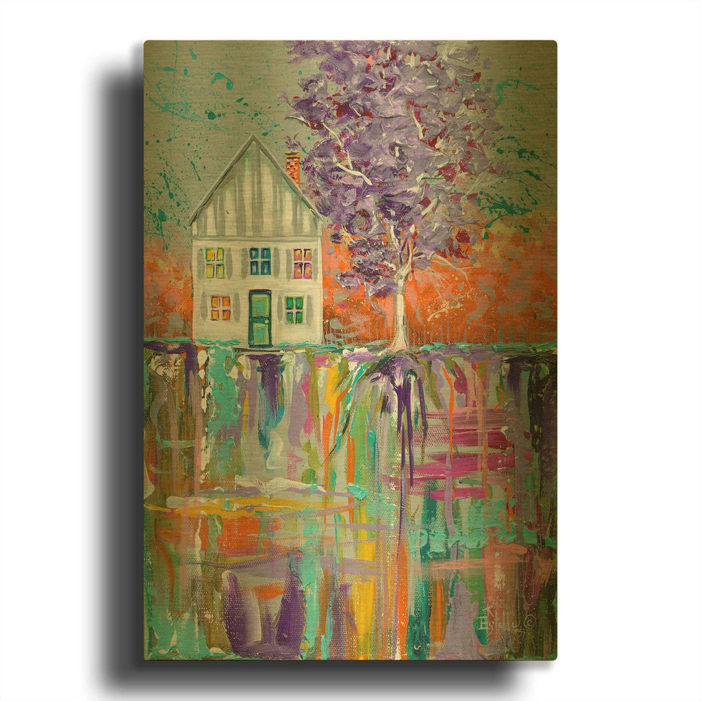 'House With Purple Tree' By Estelle Grengs Gold Metal Wall Art
